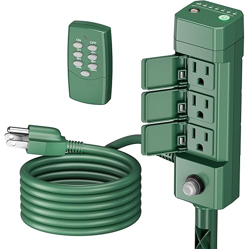 BN-LINK Outdoor Power Stake Timer, 100FT Wireless Remote Control, Dusk to Dawn Sensor for Outdoor Lights, 6 Grounded Outlets, 6ft Extension Cord, 1875W/15A,Christmas Decorations, ETL Listed