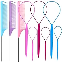 Vista 1 de 9pcs Topsy Hair Tail Tools & rat tail combs set, 6pcs Ponytail Pull Through Tool 3pcs Long Steel Pin Combs, Turvy Loop Styling Tool for Woman & Girl