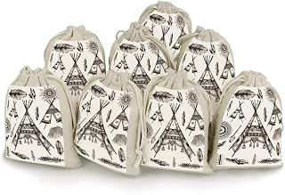 HETVBNS Cotton Linen Drawstring Bags (8-Pack) - 4.9x6.7 Inches Small Pouches Feather Head Band Teepee Tent Storage Bag for Cosmetics, Reusable Gift Bags for Jewelry, Travel, Wedding