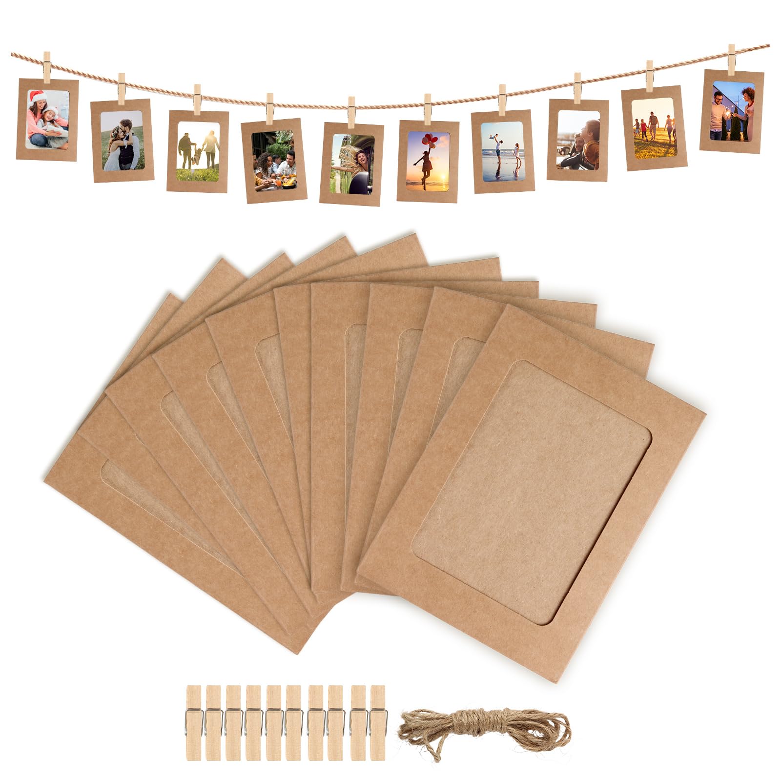 LIQWEI 20 stuks papieren fotolijsten, kraftpapier fotolijnen, 11,5 x 15,5 cm, fotolijn met 20 houten klemmen, 2 stuks fotolijsten van karton, set voor thuis, school, kantoor, doe-het-zelf, verjaardag