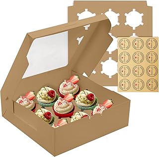 POPUFUN 9-Count Brown Cupcake Boxes with Window and Insert, 9x9x3 Inch, 16 Pack, Suitable for Cupcakes, Muffins, and Cookies