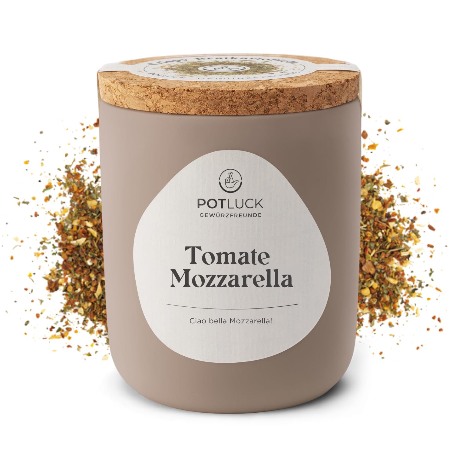 Potluck | Tomate-Mozzarella Gewürz | Gewürzzubereitung im Keramiktopf | Gesunde Ernährung, Lecker Essen für zu Hause | 65 g