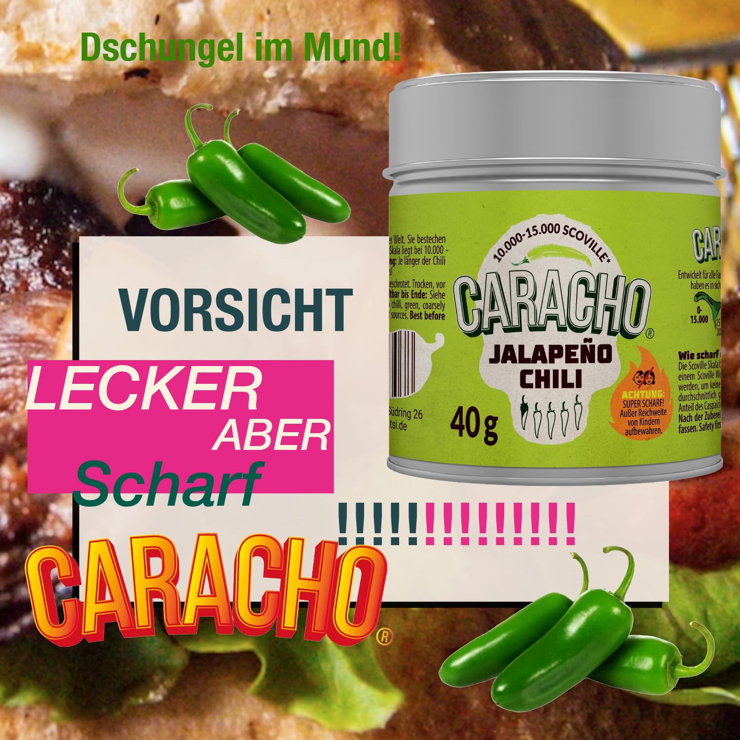 CARACHO 40 g Chile verde jalapeño chatarrado/molido - Premium 100% picante chile en lata de especias de metal/Scoville: 15.000