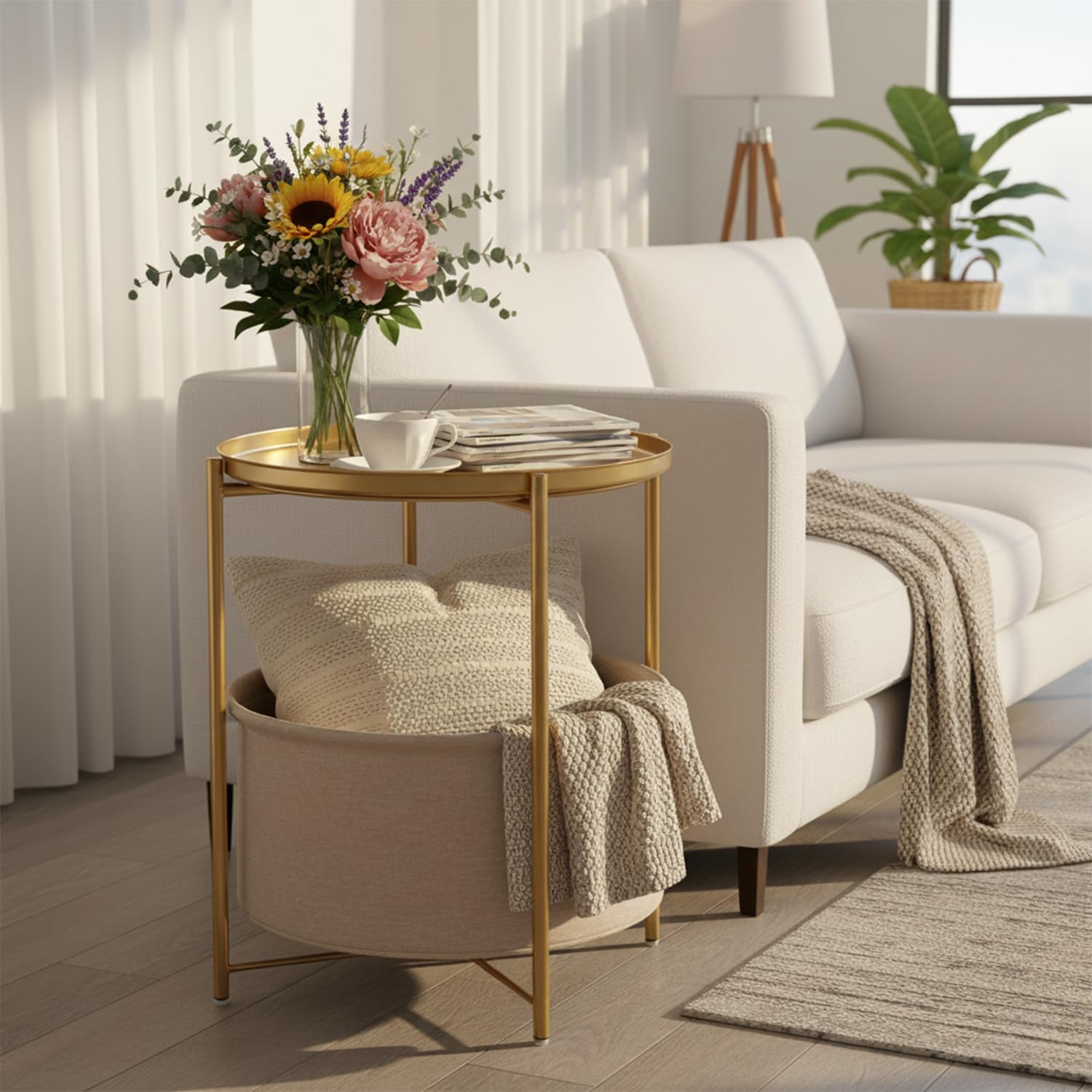 danpinera Table d'appoint Ronde en Métal - Petite Table de Chevet avec Panier de Rangement en Tissu - Plateau pour Salon, Chambre à Coucher, Chambre d'enfant, Linge - Doré