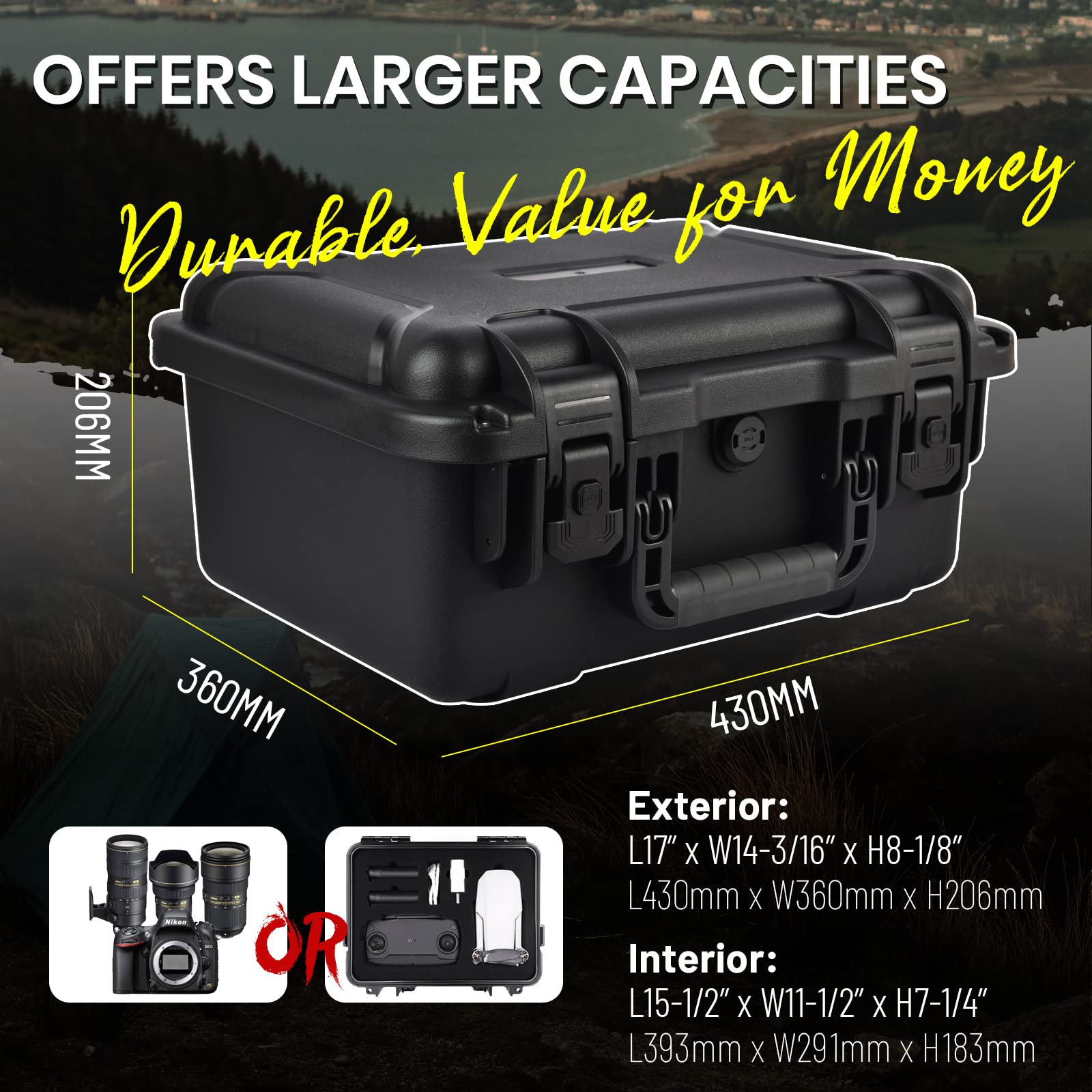 Funda para cámara impermeable grande de 43 x 35,5 x 20,3 cm, caja protectora de cámara portátil y compacta a prueba de golpes con espuma insertada personalizable para drones, equipos de