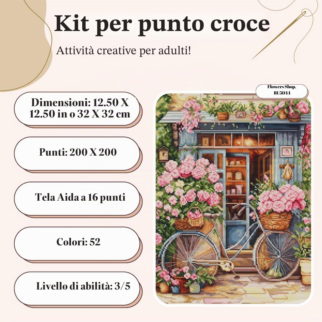 Luca-S Kit per punto croce, negozio di fiori, BU5044, kit per punto croce per adulti, kit per ricamo e cucito