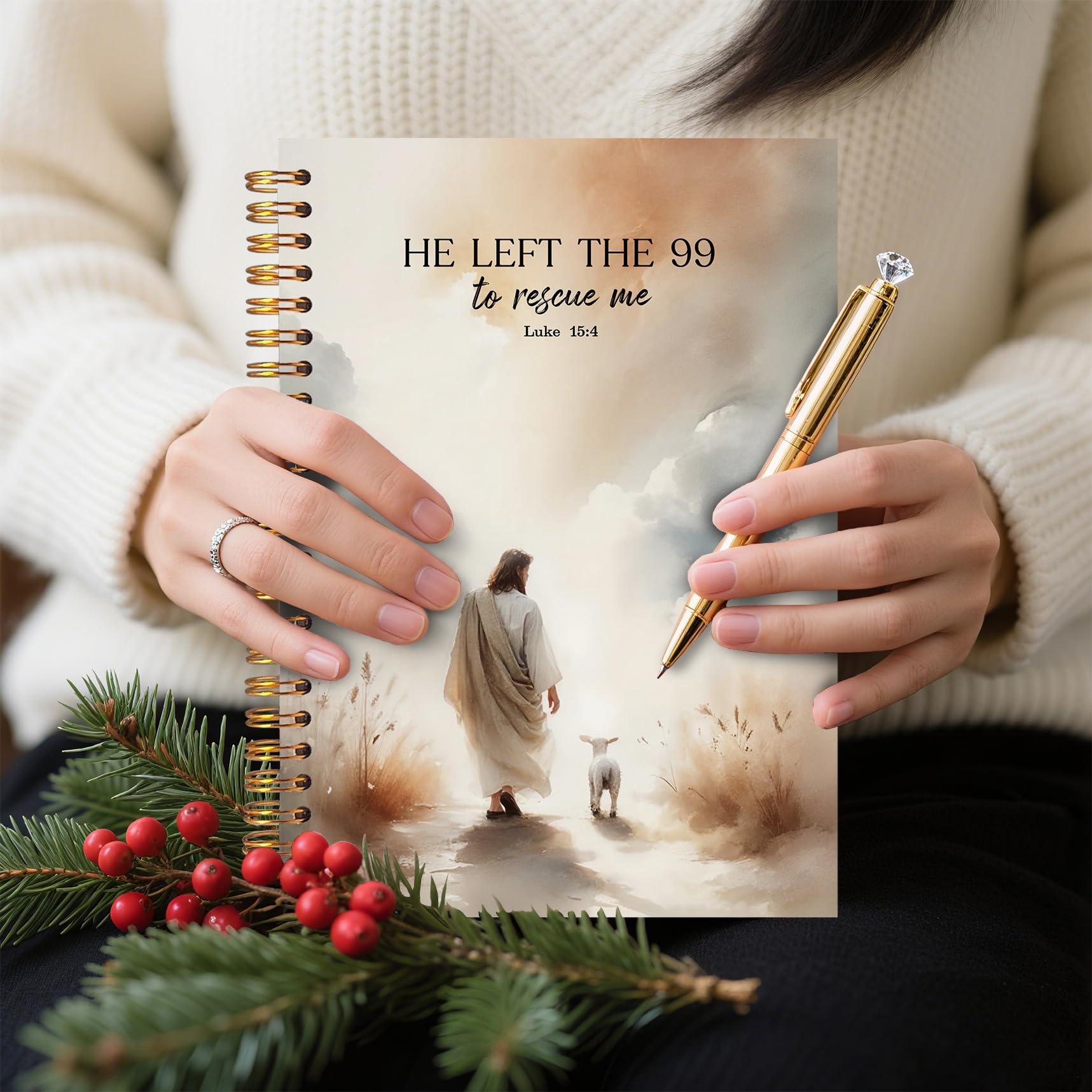 FITIE Cuaderno en espiral de Jesús cristiano de 5.5 x 8.3 pulgadas, diario de cordero con texto en inglés "He Left the 99 to Rescue Me", regalos cristianos de Jesús para mujeres, diario de oración