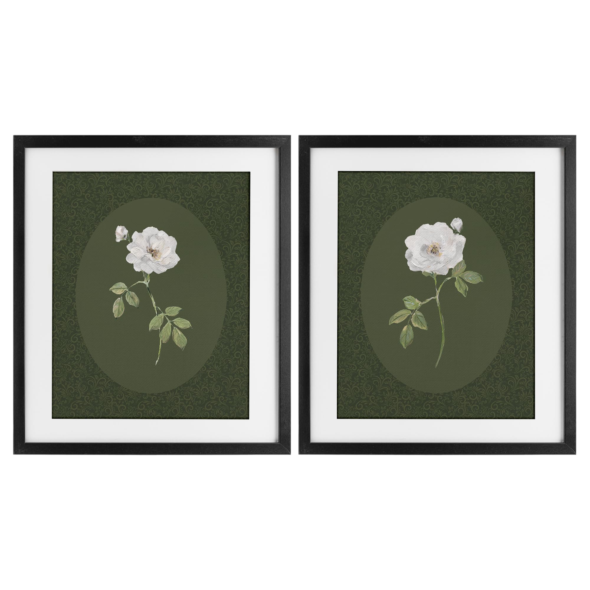 'Ornate Rose Studies over Emerald'| 2pc Framed Print Under Glass Set