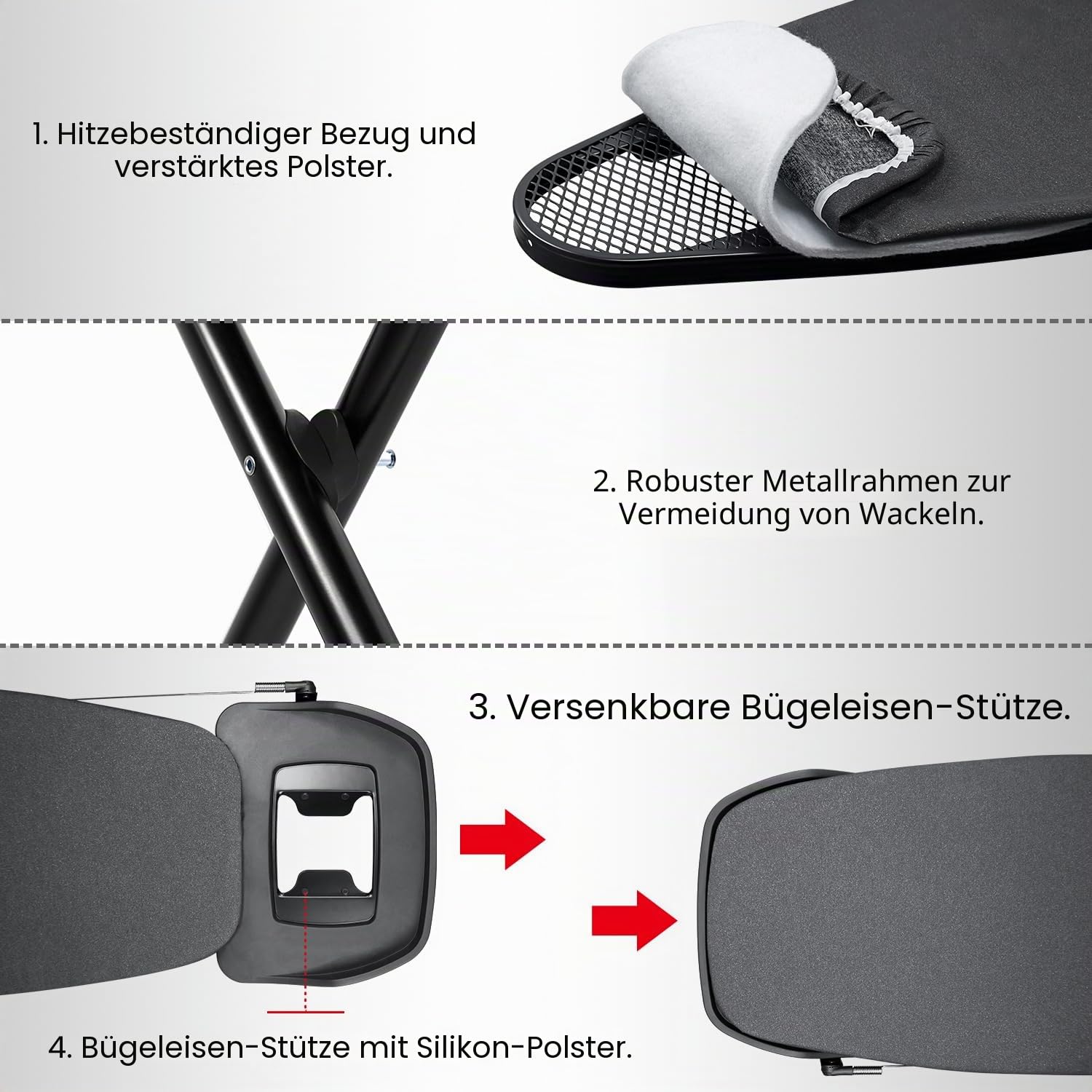 Duwee Extra Large Bügelbrett mit Rollen, Extra breites Bügelbrett für Dampfstationen, robuste und klappbare Beine, 10 mm Fellenauflage, schwarz, 122 x 46 cm