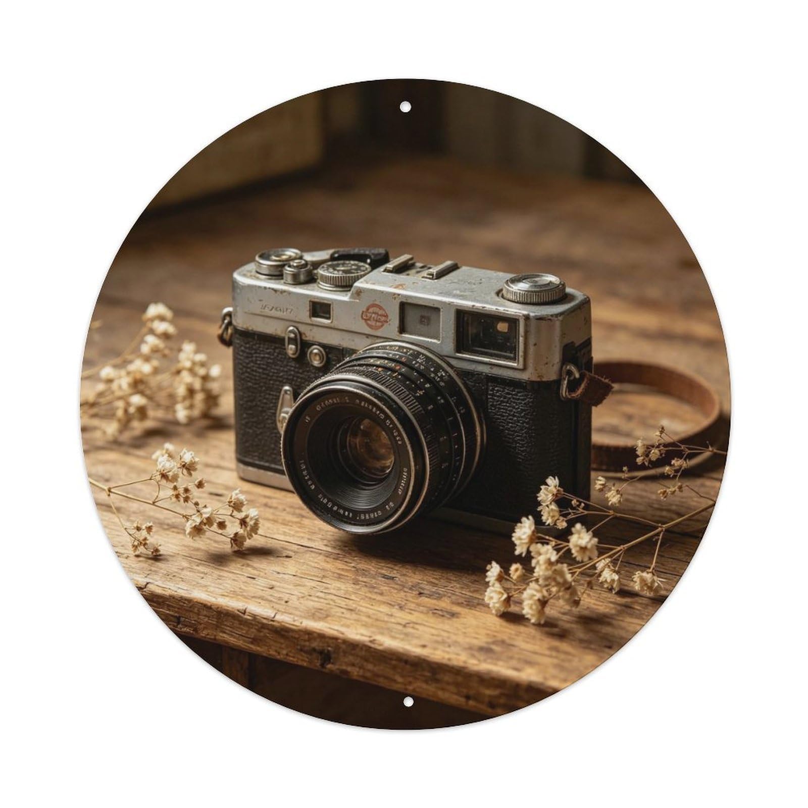 Vintage Film Camera Wood Table Metal Tin Sign Plaque