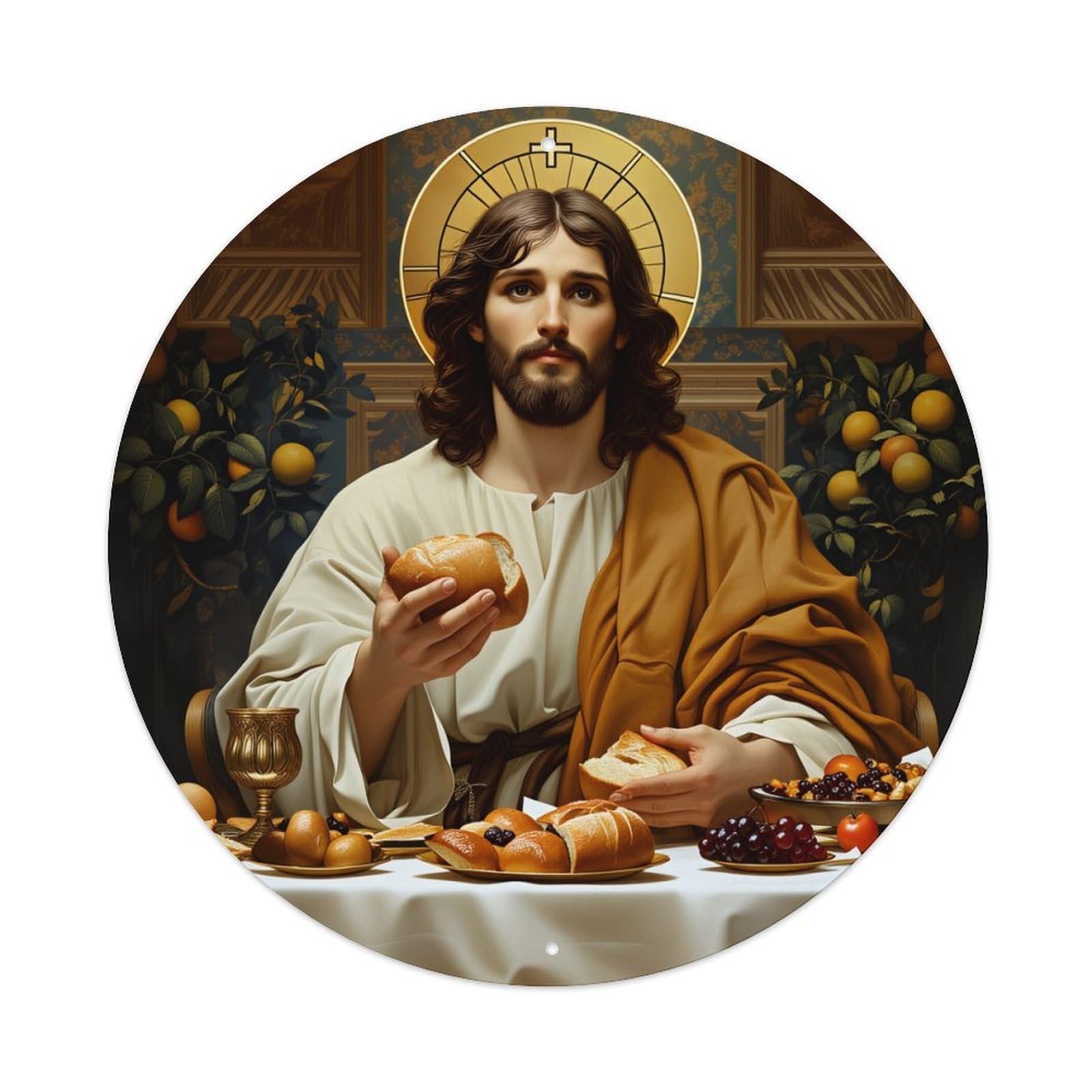 Wmlzdnwr Vintage Jesus Holding Bread And Fruit At Table With Golden Halo Round Tin Sign,Retro Wall Art,Metal Poster For Home, Bar, Garage, Cafe, Rustic Indoor & Outdoor Decor, 8X8 Inches