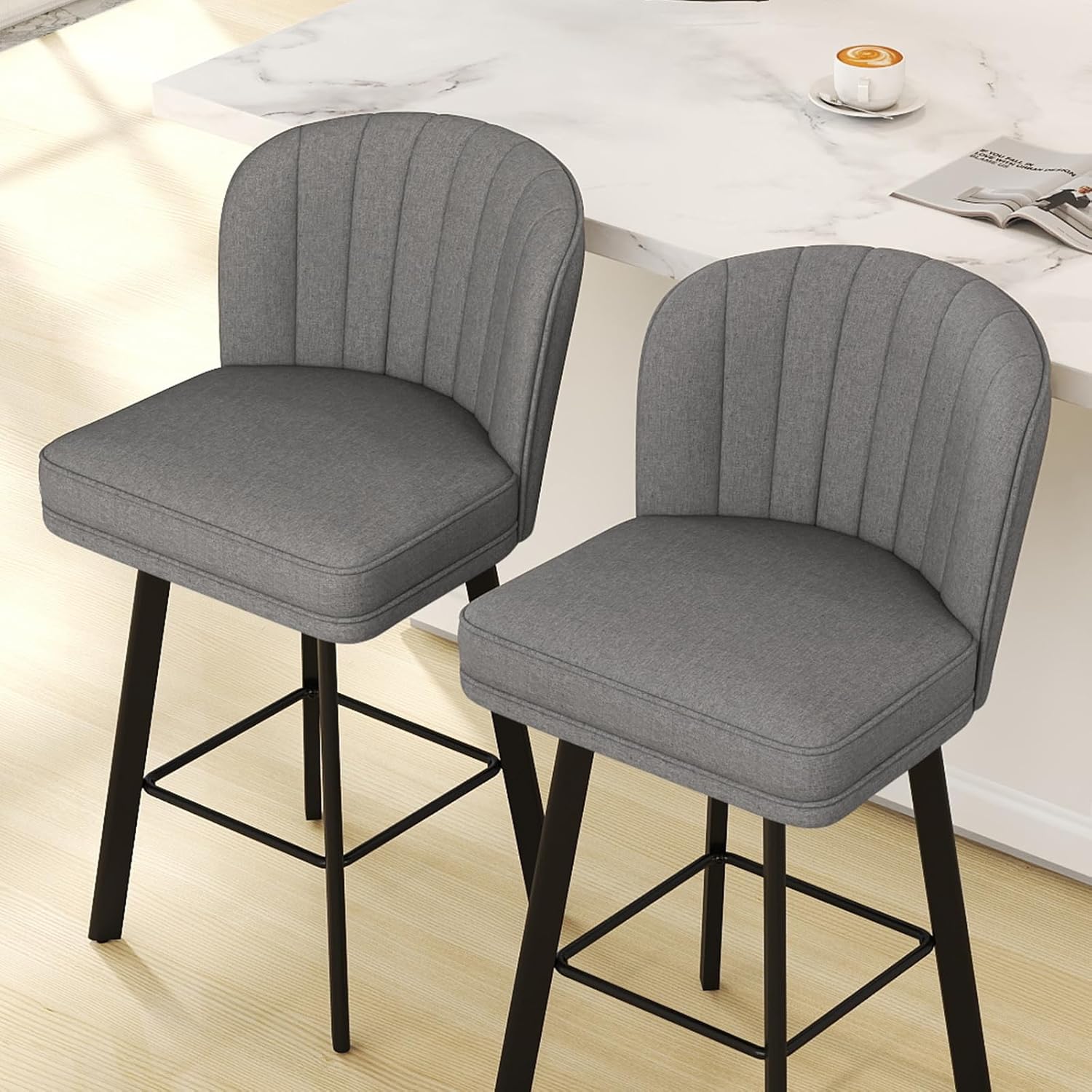 SAECKBERG Swivel Counter Height Bar Stools Set of 2, 26'' Modern Barstools with Backs and Metal Legs, Upholstered Bar Chairs,Mid-Gray,Fabric Stools for Kitchen Island Chairs