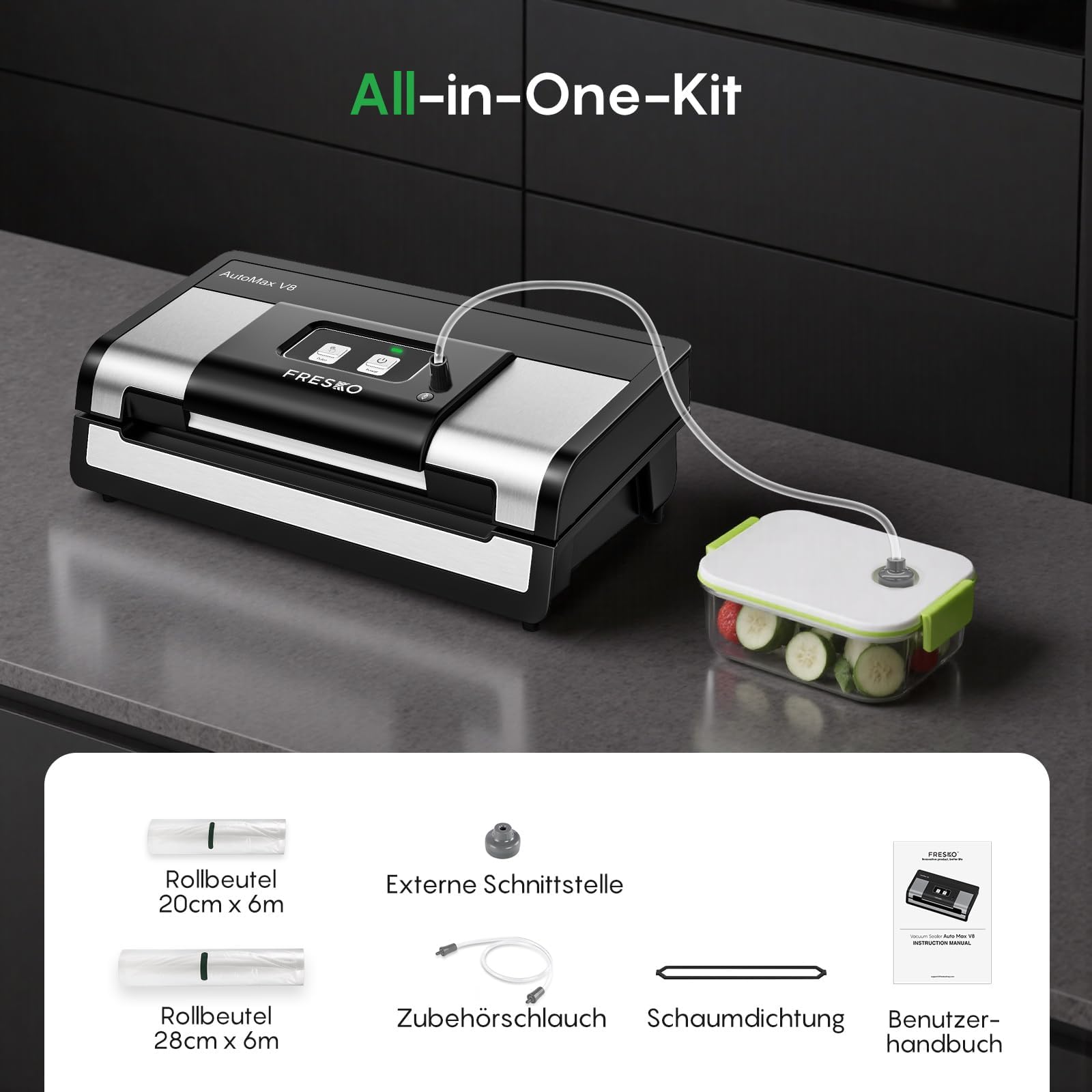 FRESKO Vakuumiergerät Automatik 18L/min Turbo-Saugkraft 1-Knopf-Bedienung inkl. 2 Beutelrollen