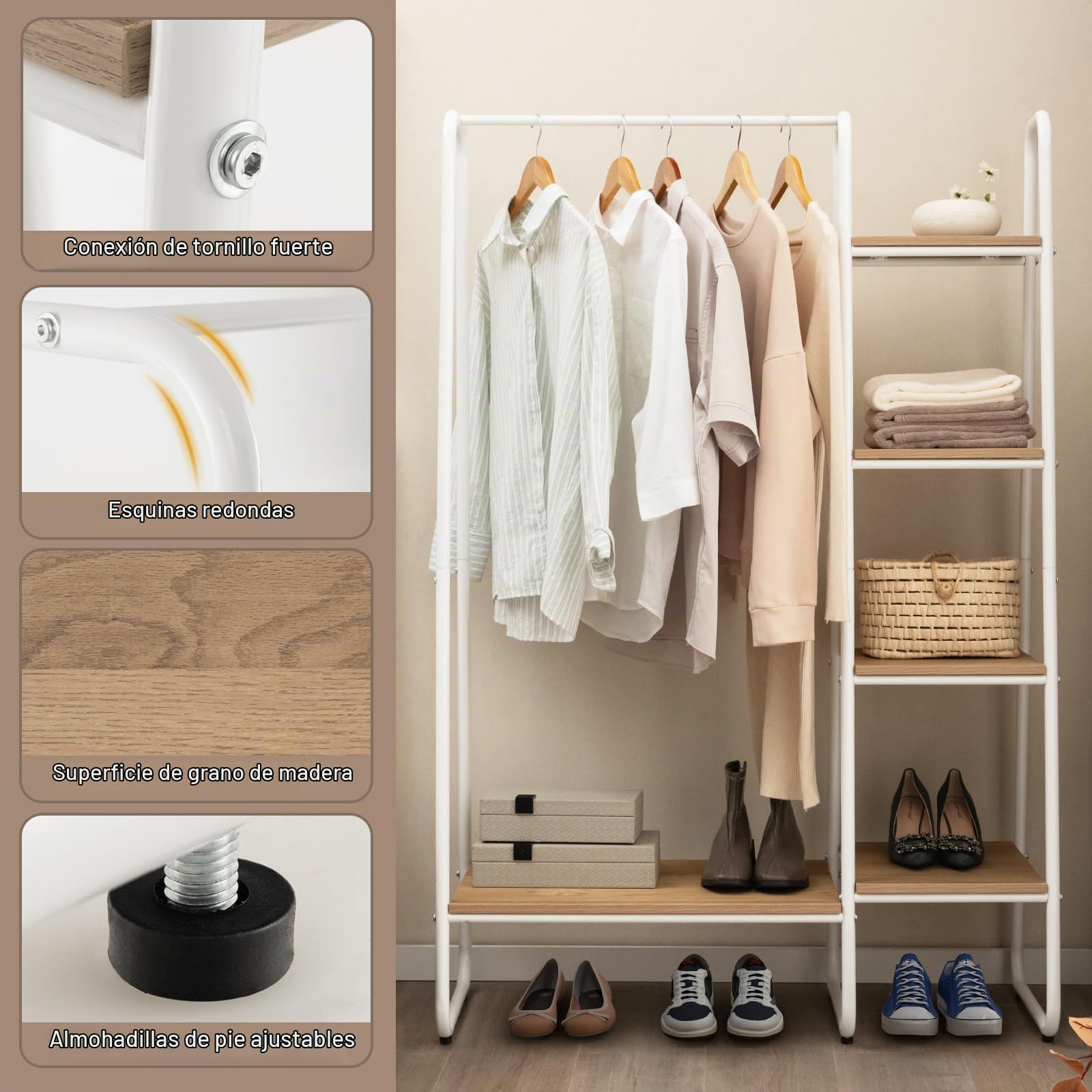 HOMASIS Perchero burro ropa de 5 niveles, Colgador de suelo con zapatero de madera, Estantes de almacenamiento para colgar Ropa, Perchero abierto con pies ajustables, 99,5x40x151cm (Natural + Blanco)