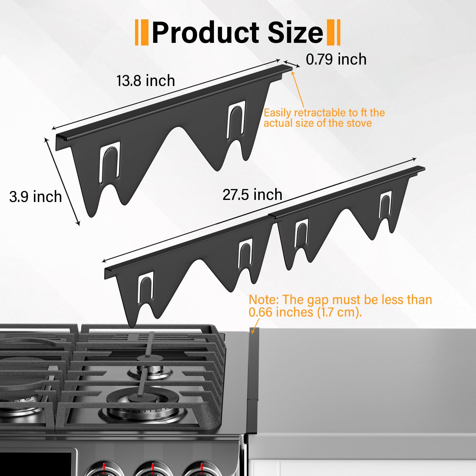 Stove Gap Covers Stainless Steel, Stove Gap Filler Extendable Length 13.8" to 27.5", Width 0.79" Oven Gap Filler, Heat Resistant Guard Between Stove Top & Counter (2 Pack) — view 2