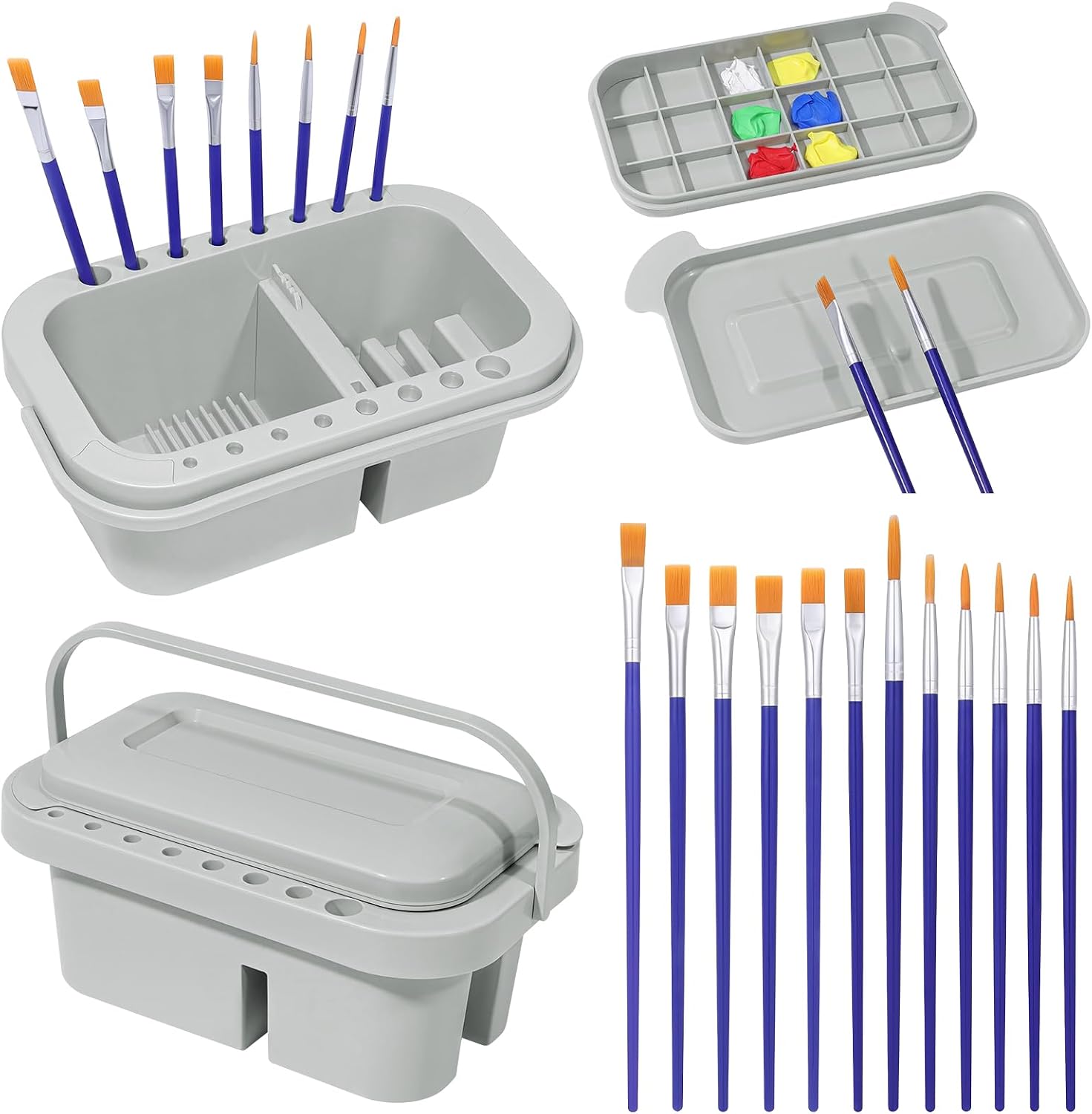 2 Sets Paint Brush Cleaner Palette Basin with 12 Brushes Multifunctional Plastic Art Supplies Cleaner Paints Brush Holder and Organizer for Home Studio Outdoor Watercolor Oil Paints