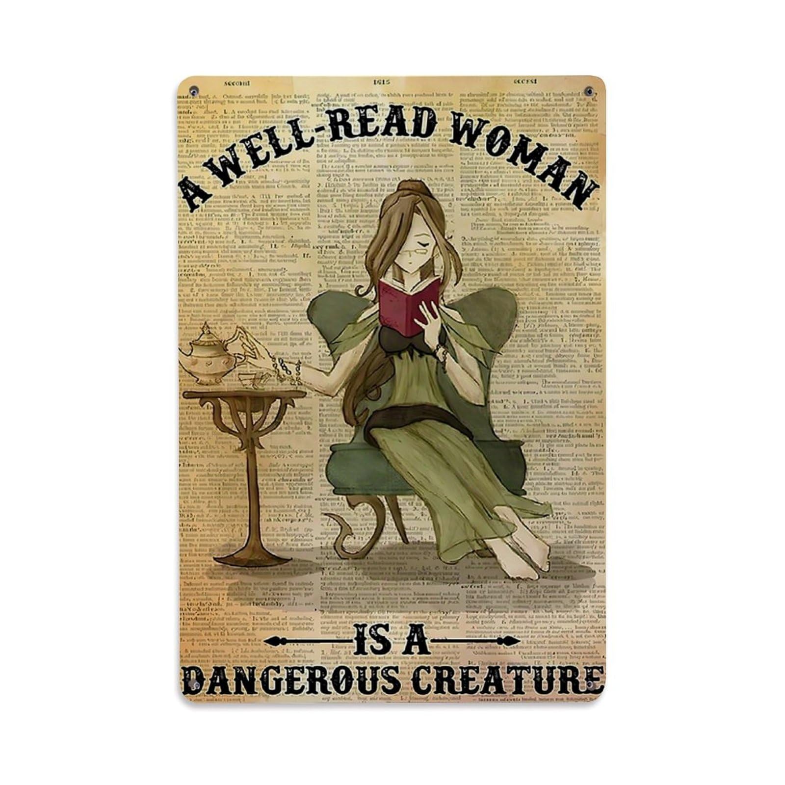 Well Read Woman Reading Book Retro Metal Tin Sign, Vintage Decor Art Poster for Bar, Home, Man Cave, Kitchen, Laundry Room Gift 8x12Inch