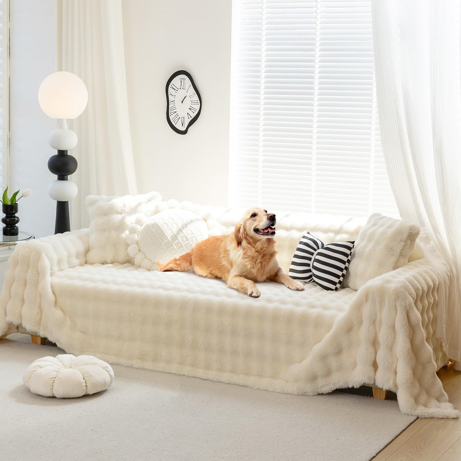 Housse de canapé en peluche beige 180x300 Foreate pour canapé sectionnel et 3 places