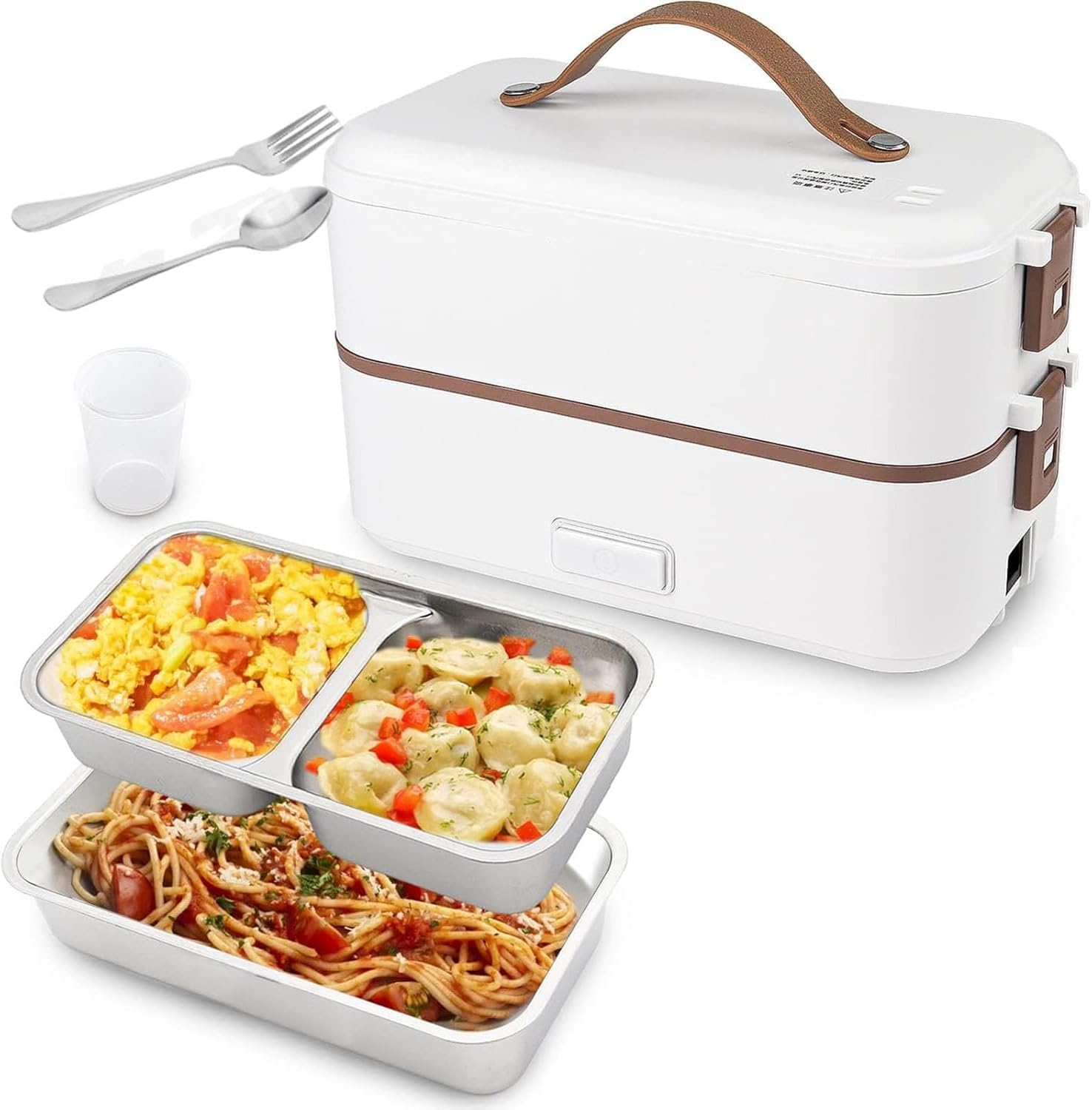 Beauenty Electric Lunch-Bento Box Container -304 Stainless Steel with Removable Compartments Heater For Adult Kids Lunch Warmer in Office/Home/Travel Rice Cooker 220v with Spoon (2 Layers, WHITE)