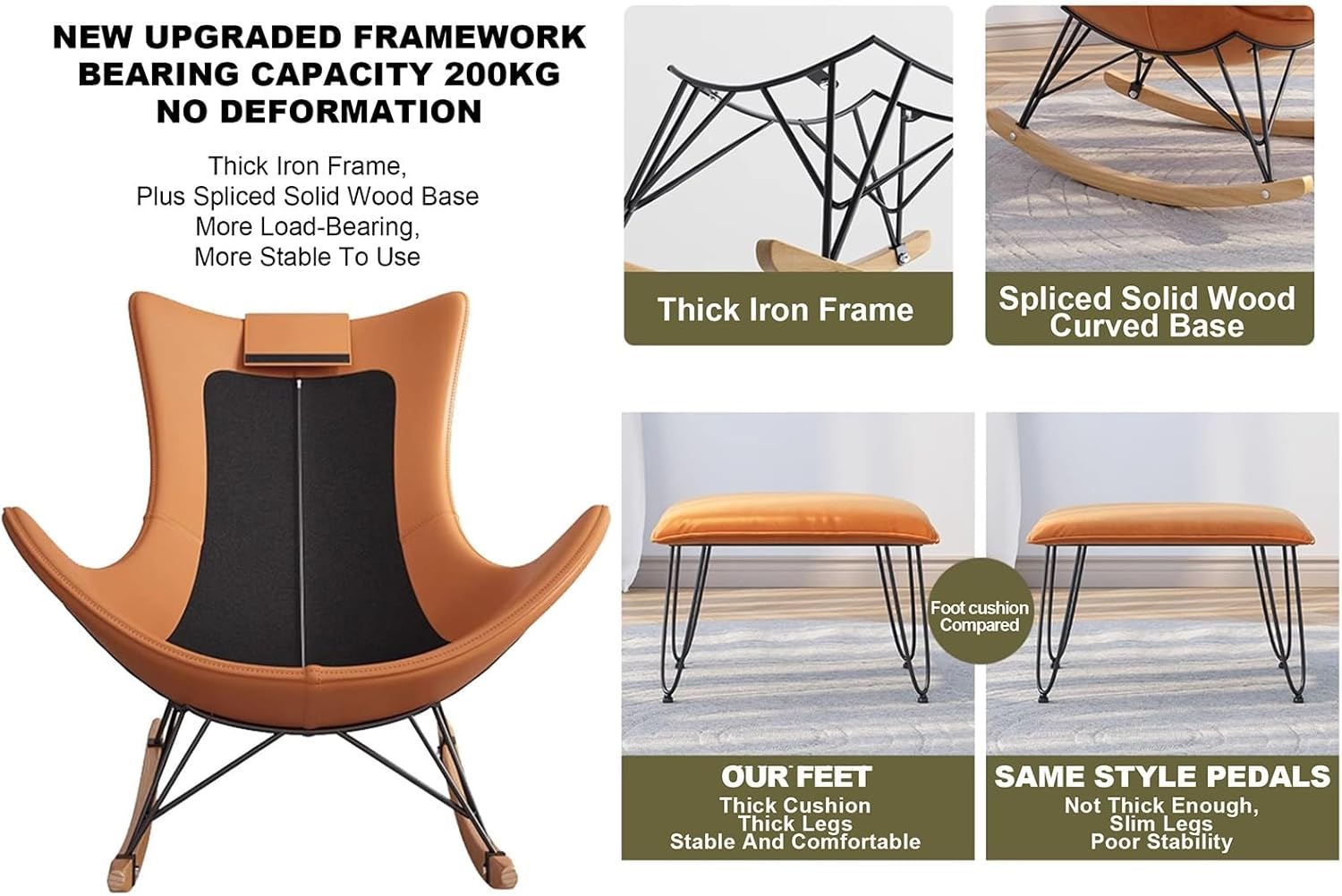 Outdoor Rocking Chair with Footrest Comfortable Upholstered Rocking Chair with Side Pockets and Armrests Living Room Rocking Chair for Living room and bedroom Balcony. ( Color : Orange color , Size :