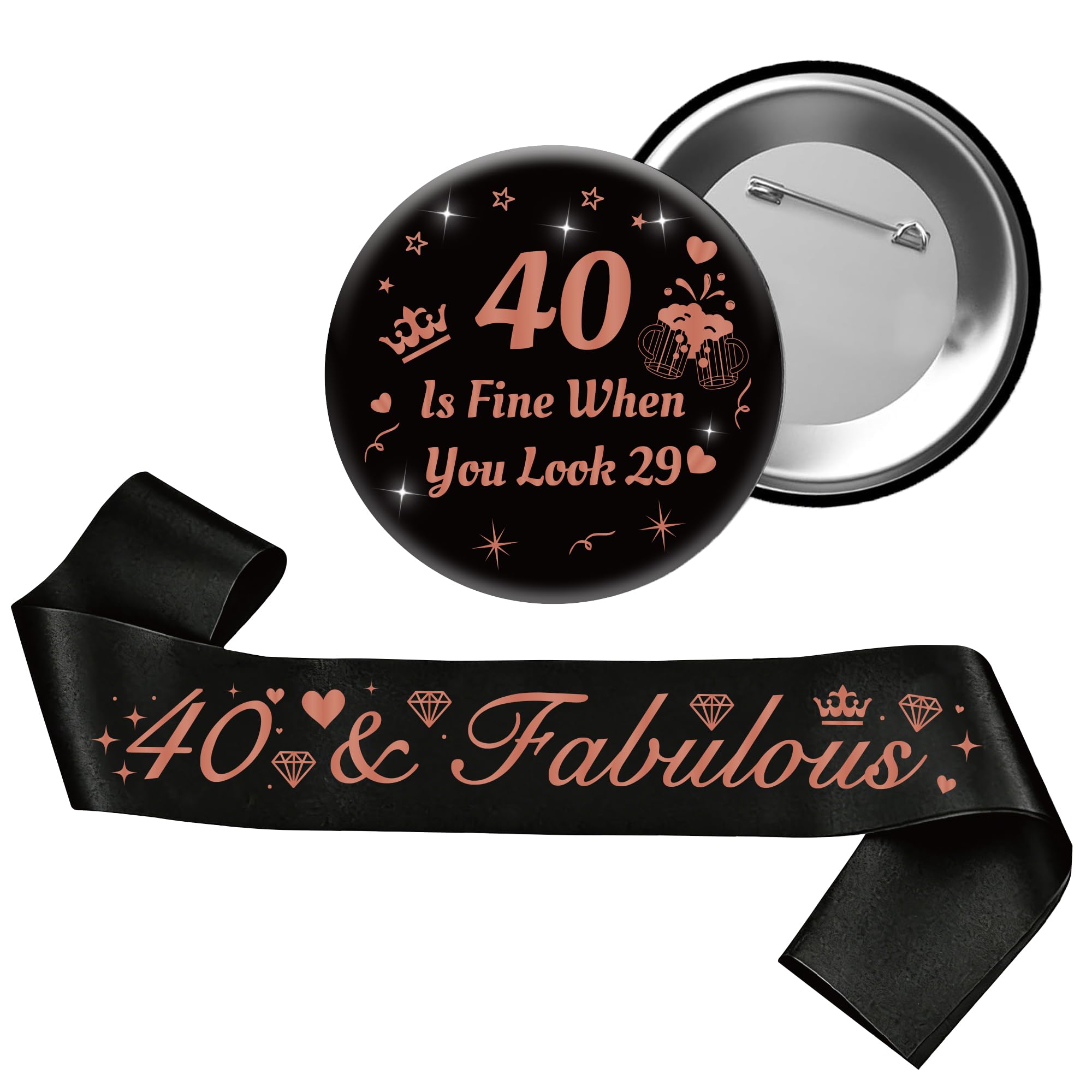 40th Birthday Sash Badge Kit - 2 Pcs Black Rose Gold 40 & Fabulous Sash 40 Is Fine When You Look 29 Badge Set for Women Happy 40 Years Old Party Decorations Supplies and 40th Birthday Gifts