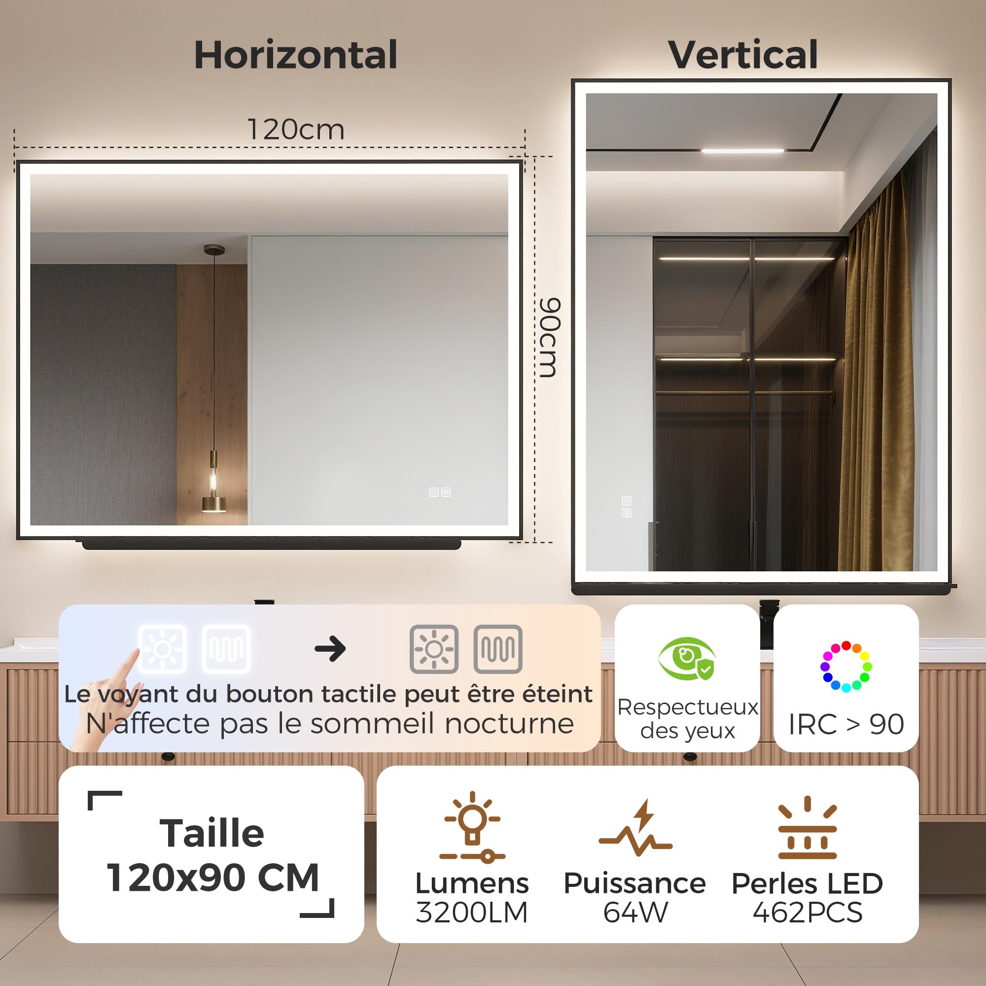 STARLEAD 120x90cm Miroir-Salle-de-Bain-avec-Eclairage-et-Tablette, Cadre en Aluminium Noir, Anti-Buée Miroir-LED-Salle-de-Bain, 3 Couleurs Réglables, Verre Trempé, IP44, Horizontal/Vertical