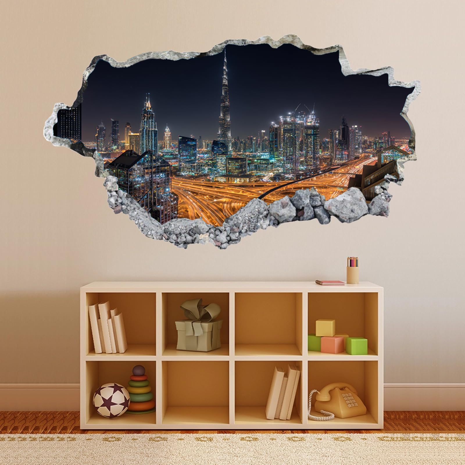 Calcomanía de pared 3D Vista Nocturna Del Horizonte De La Ciudad Vinilos Decorativos Impermeable Tatuaje de pared para dormitorio de niños, sala de estar, decoración del hogar 70x122cm