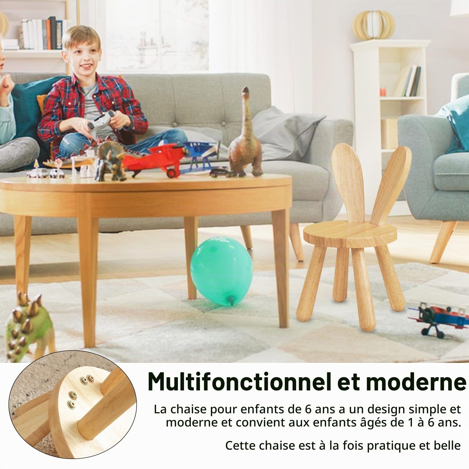 Chaise en Bois Massif Pour Enfant Avec Dossier Oreilles de Lapin, Dispositif Antidérapant, Hévéa Pour Chambre 25cm