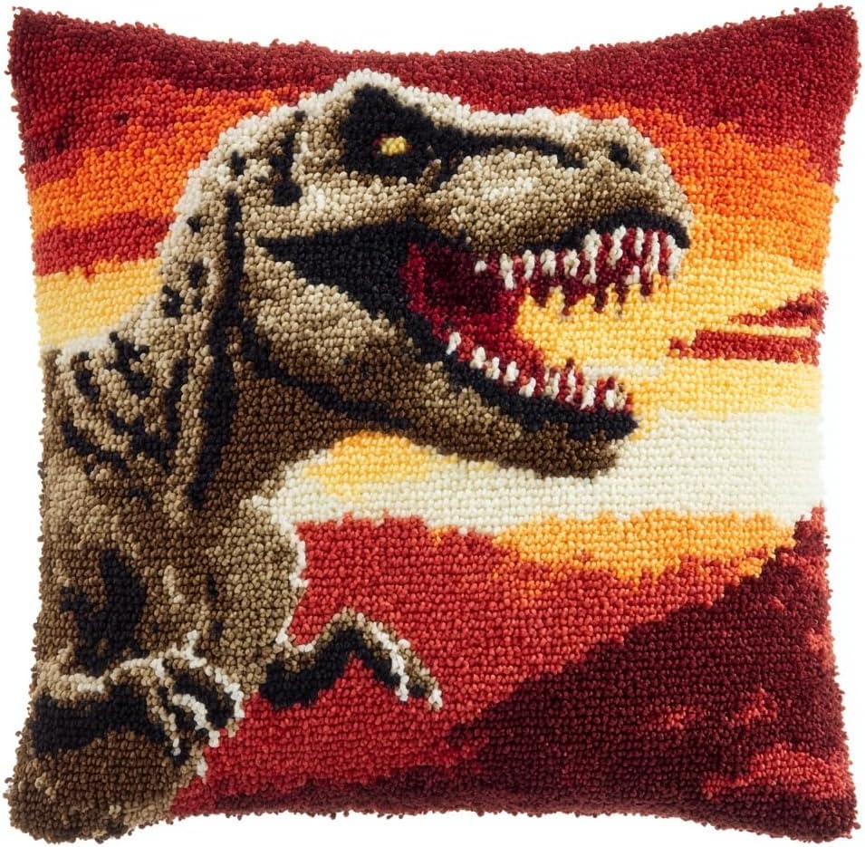 Latch Hook Pillow Kit Dinosaur Portait with Sunset Background with Pre-Printed Pillow Cover DIY Pillowcase Crochet Yarn Hooking Craft Set for Hobby and Home Decor 43x43cm-2