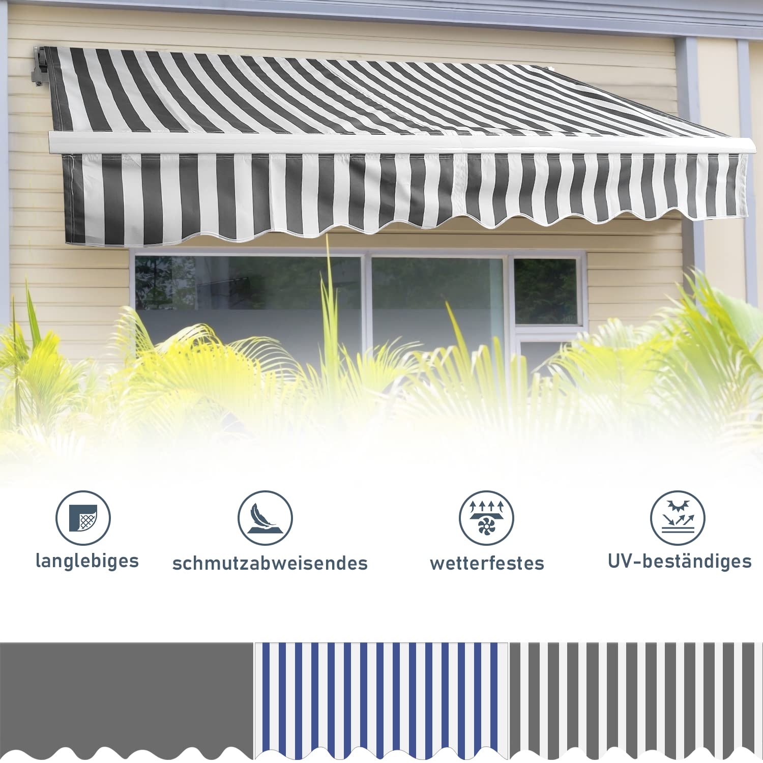 Randaco Tenda da sole da balcone, con braccio snodato, 250 x 200 cm, con regolazione angolare (0-30°), resistente ai raggi UV e alle intemperie, blu/bianco a righe