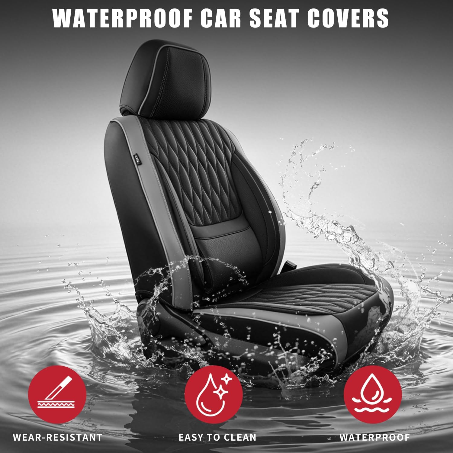 Car Seat Covers , Luxury Breathable Waterproof Faux Leatherette Car Seat Covers Cushion Protectors with Lumbar Support, Car Seat Cushion, Universal Fit Most Cars (Black-Gray, Full Set - 5 Seats)