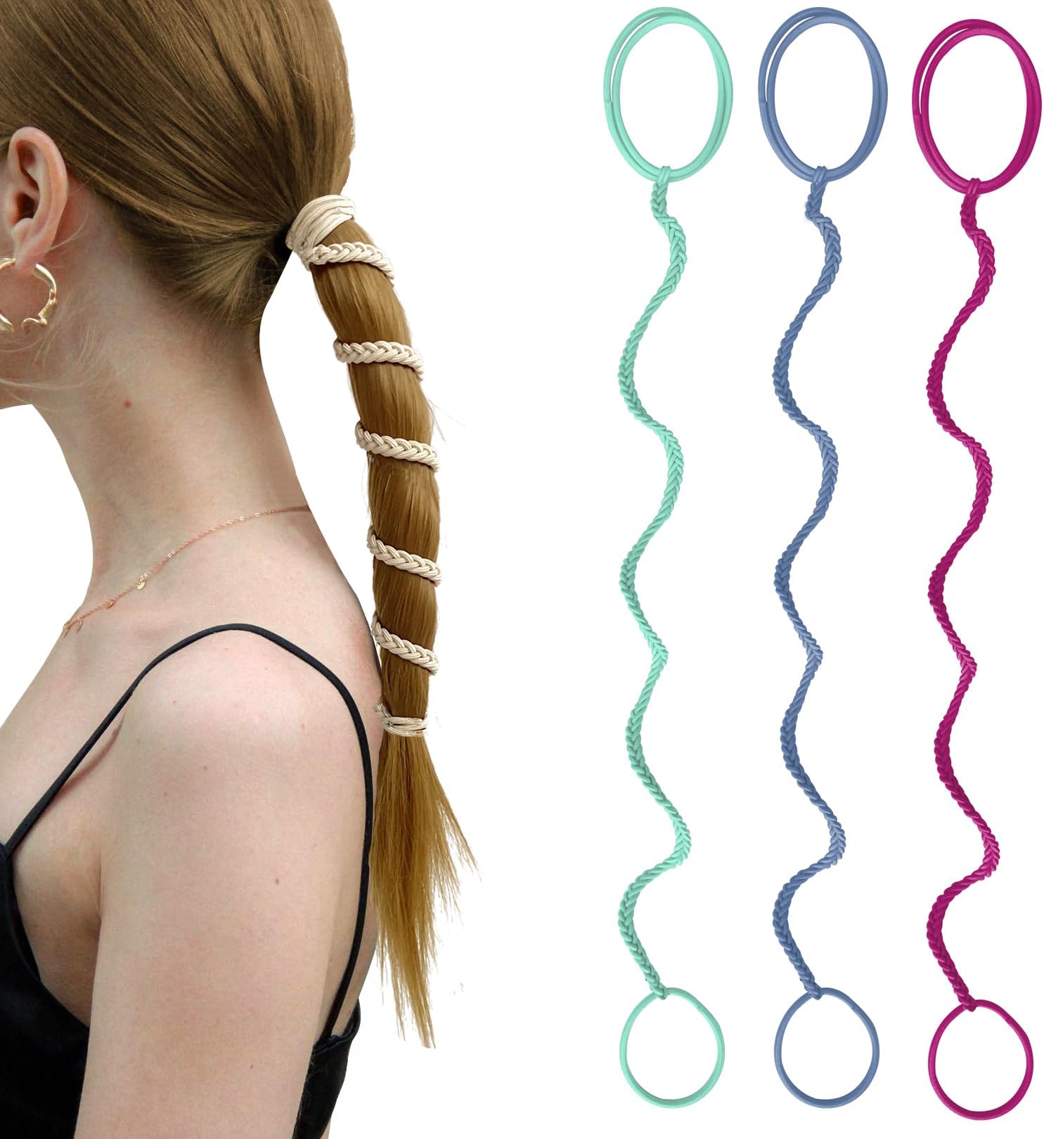 3 Packs 16" Colorful Spiral Hair Ties No Hooks for Women, Elastic Ponytail Holders for Short Fine Thin Hair Braided Damage-Free Pony Tail Wrap for Wind Water Sports