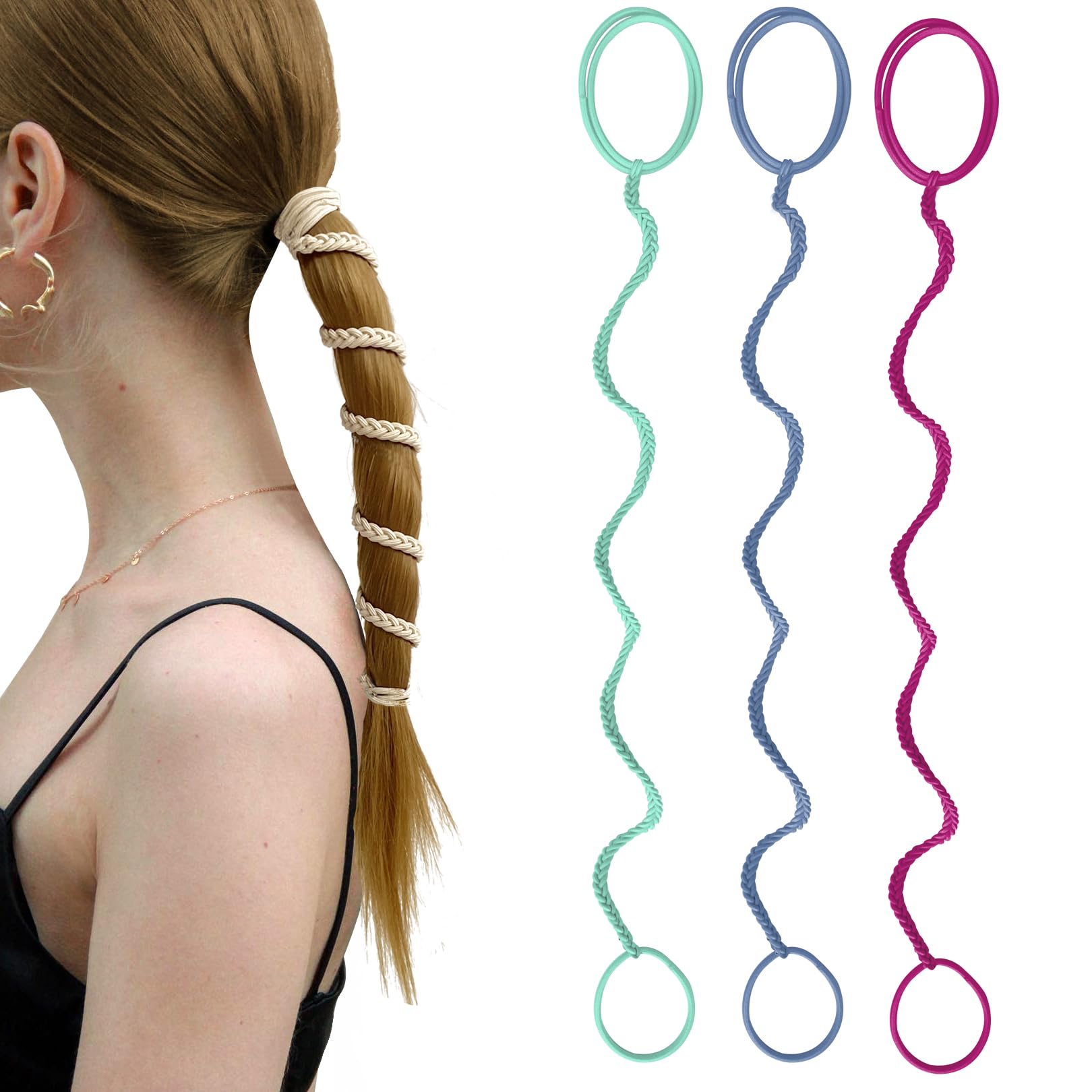 3 Packs 16" Colorful Spiral Hair Ties No Hooks for Women, Elastic Ponytail Holders for Short Fine Thin Hair Braided Damage-Free Pony Tail Wrap for Wind Water Sports
