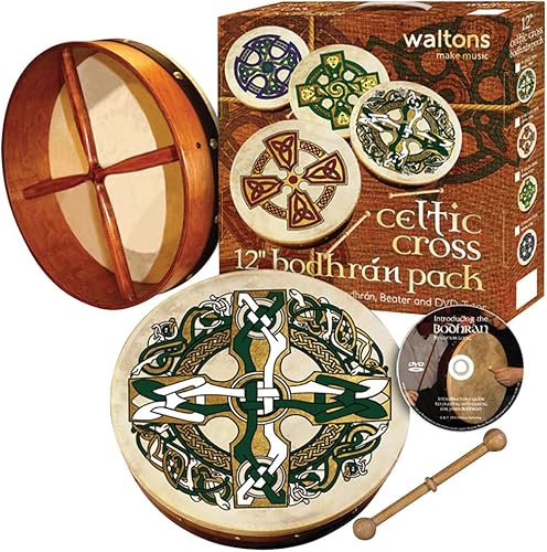 Miniatura 3 de Waltons Bodhrán 12 pulgadas (cruz celta) - Instrumento irlandés hecho a mano - Tono nítido y musical - Batidor de madera dura incluido con compra