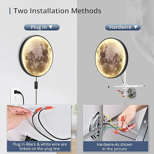 Miniatura 5 de Lámpara de pared de luna regulable de 19.6 pulgadas con control remoto, moderna lámpara de pared LED enchufable, lámpara de pared negra de 24 W,