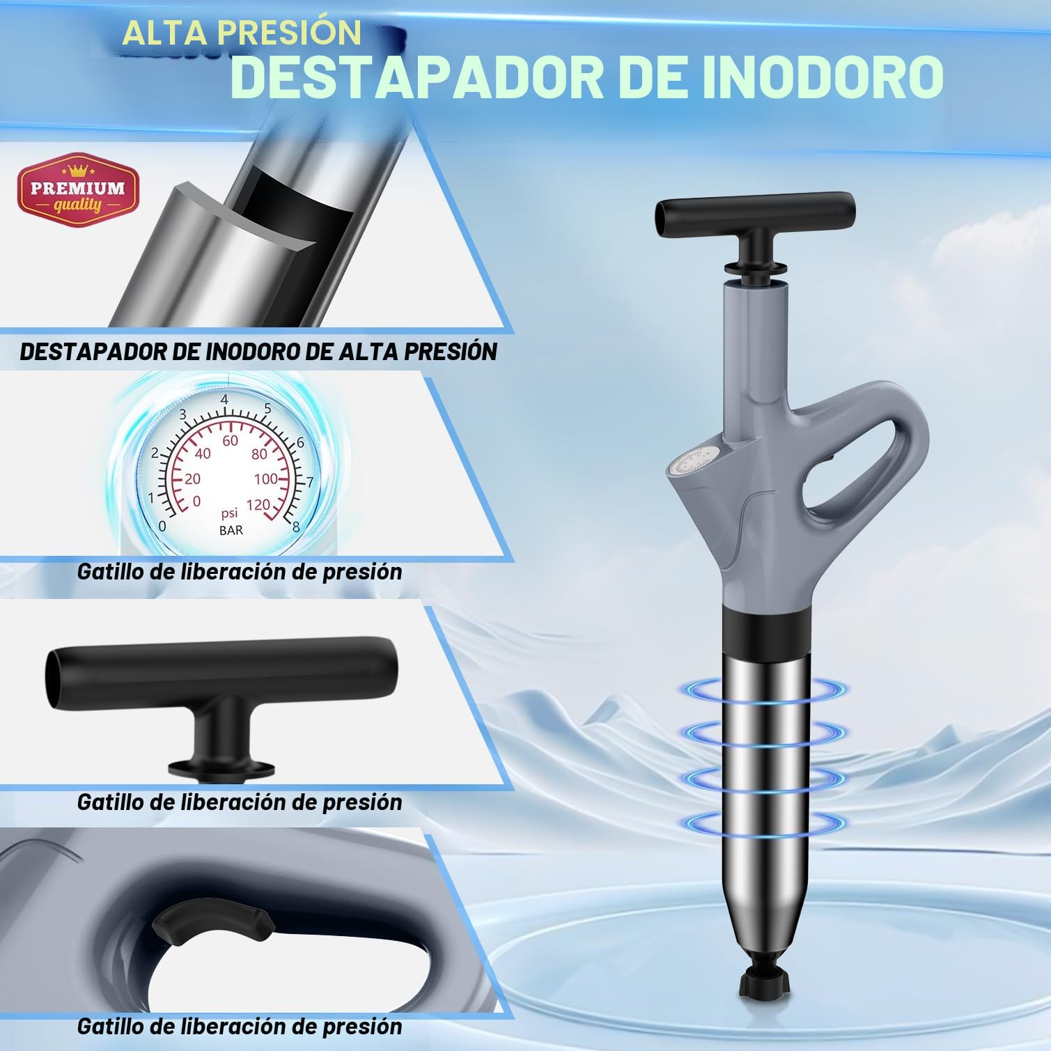 Desatascador tuberías profesional a presión, destapador de cañerías con manómetro visible, apto para WC, lavabos y fontanería del hogar