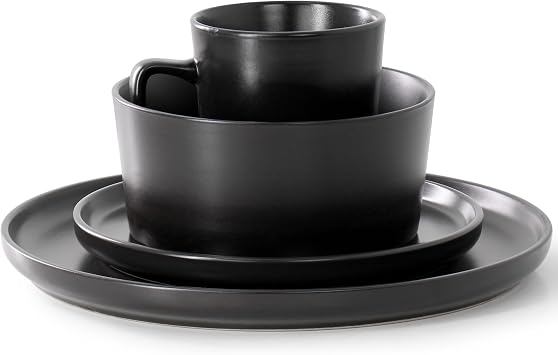 Elama Luxmatte Modern and Contemporary Stoneware Dinnerware Set in Matte, Service for 4 (16, Black)