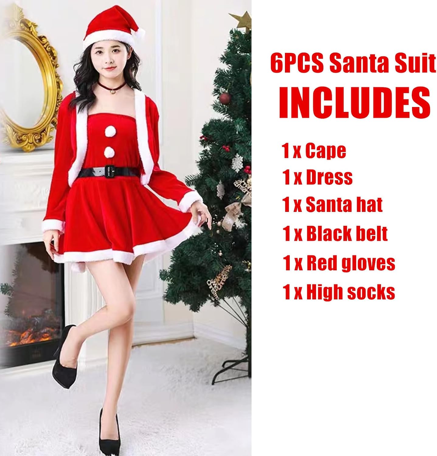 Womens Santa Costume, Velvet Long Sleeve Santa Dress with Belt Striped Tights Hat Gloves, Christmas Dress Costume - Image 3