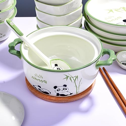 Miniatura 6 de Cuenco de cerámica de estilo japonés de 6 pulgadas con tapa, bonito diseño de panda y bambú, apto para microondas y lavavajillas, para sopa, fideos,