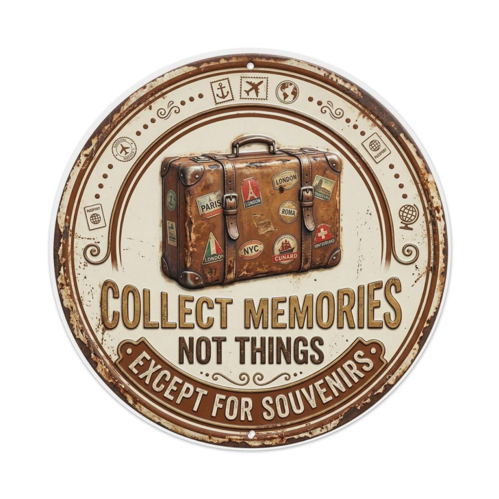 Suitcase Journey Livingroom Metal Tin Sign Plaque Wall Decor for Cafe, Club Bar, Office, Home Garden Round Metal Poster 8x8Inch