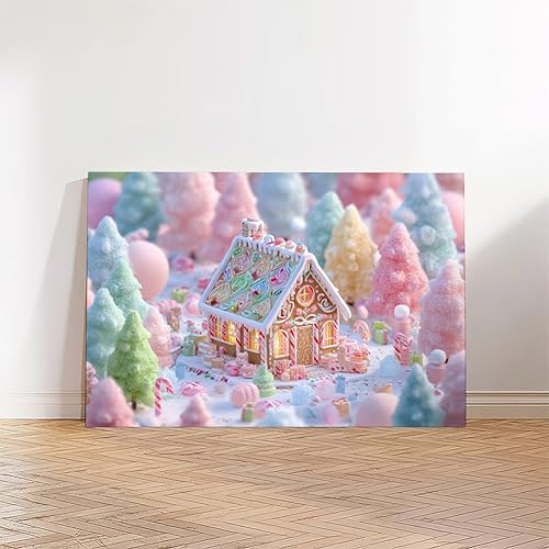 Miniatura 2 de JDBeehpy Póster artístico de pared de casa de jengibre caprichoso pastel de Navidad de Candyland, pintura festiva de árboles de caramelo, decoración