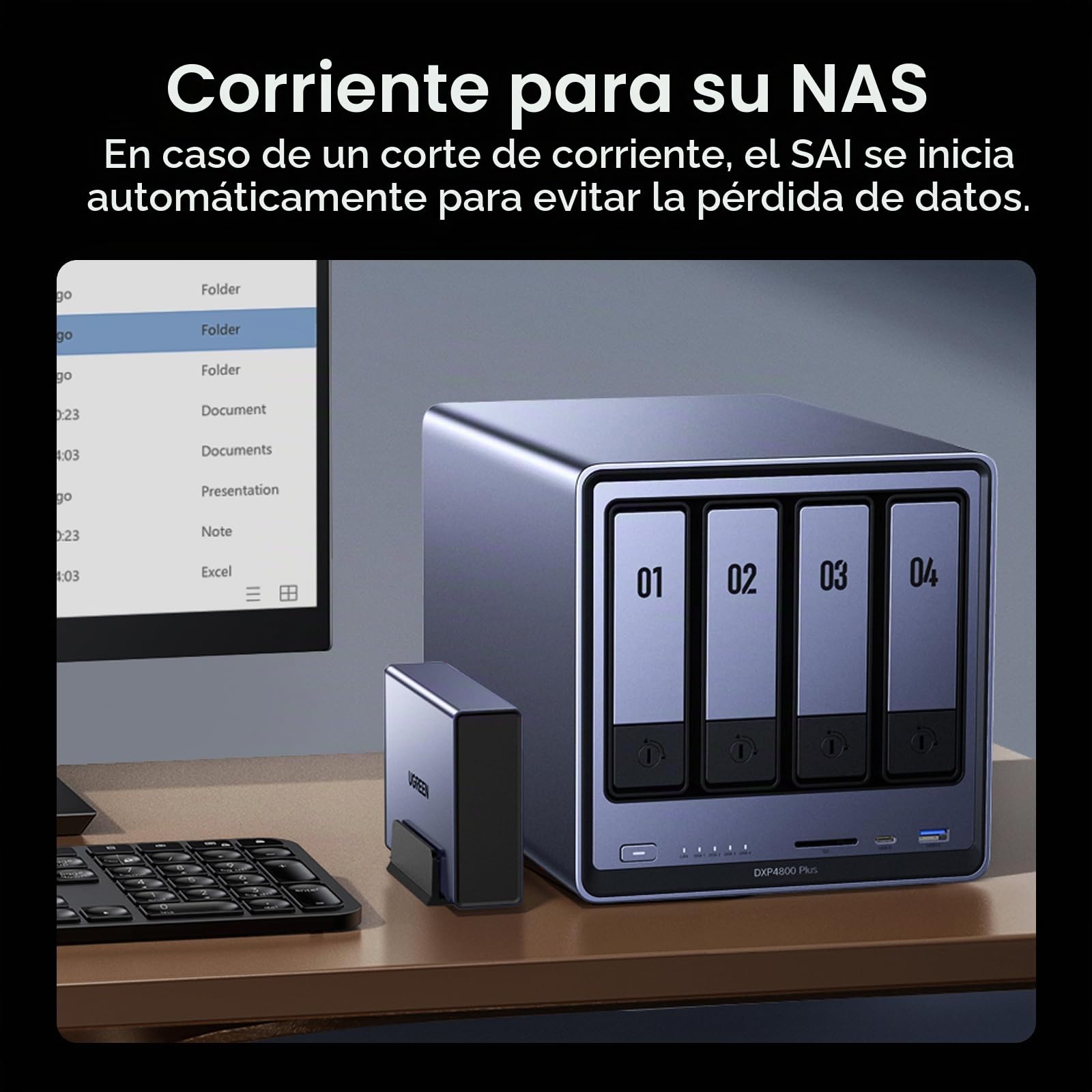 UGREEN NASync DXP4800 Plus NAS 4 Bahías + UPS 120W 12000mAh,NAS 4 bahías, Intel Pentium Gold 8505, 8GB DDR5, 128GB SSD, 10GbE & 2,5GbE, 2 Ranuras M.2 NVMe, HDMI 4K (sin Disco)