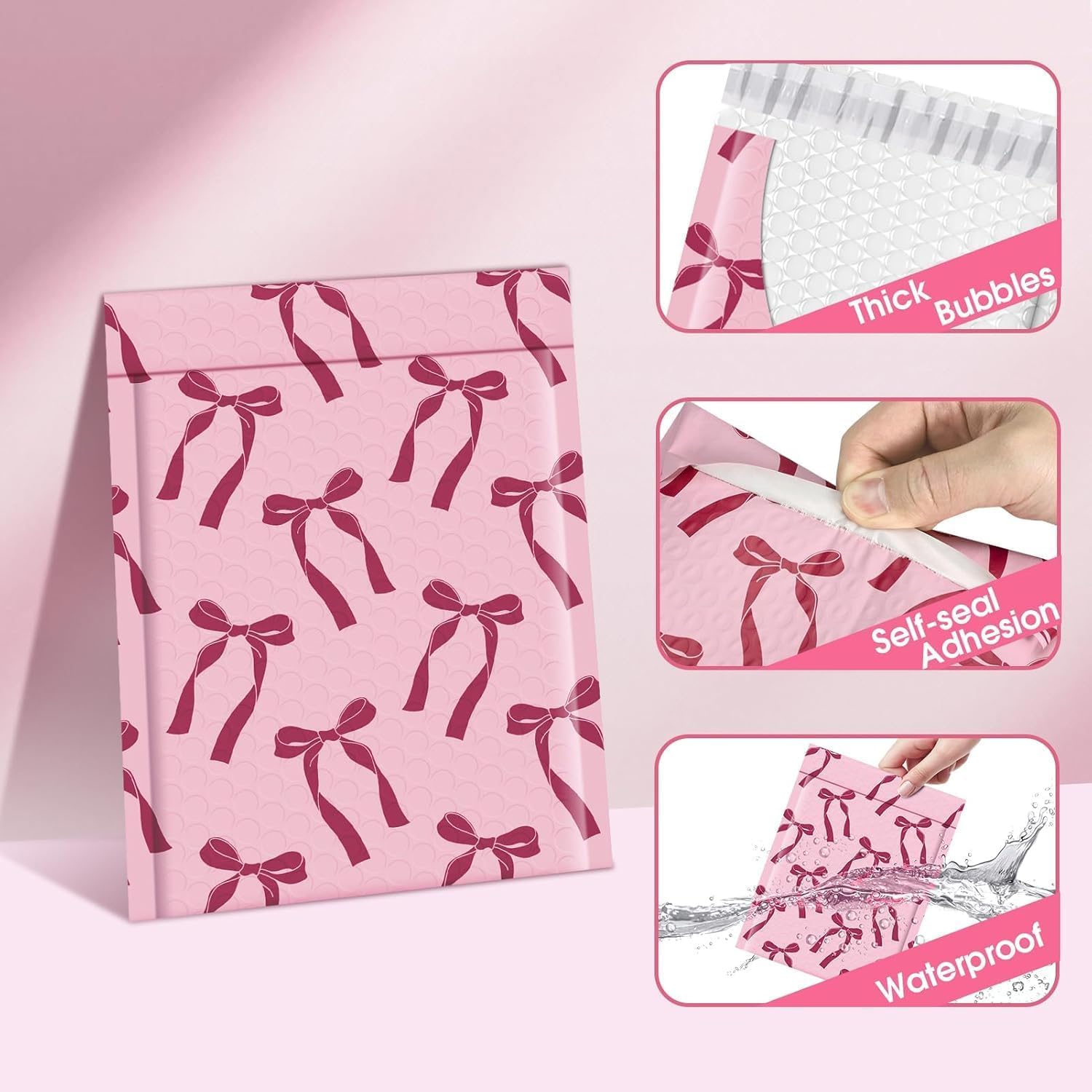 Fuxury Lot de 40 enveloppes à bulles épaisses, motif nœuds roses, 21,6 x 27,9 cm, forte adhérence – Enveloppes d'expédition rembourrées pour livres postaux, vêtements, 21,6 x 27,9 cm
