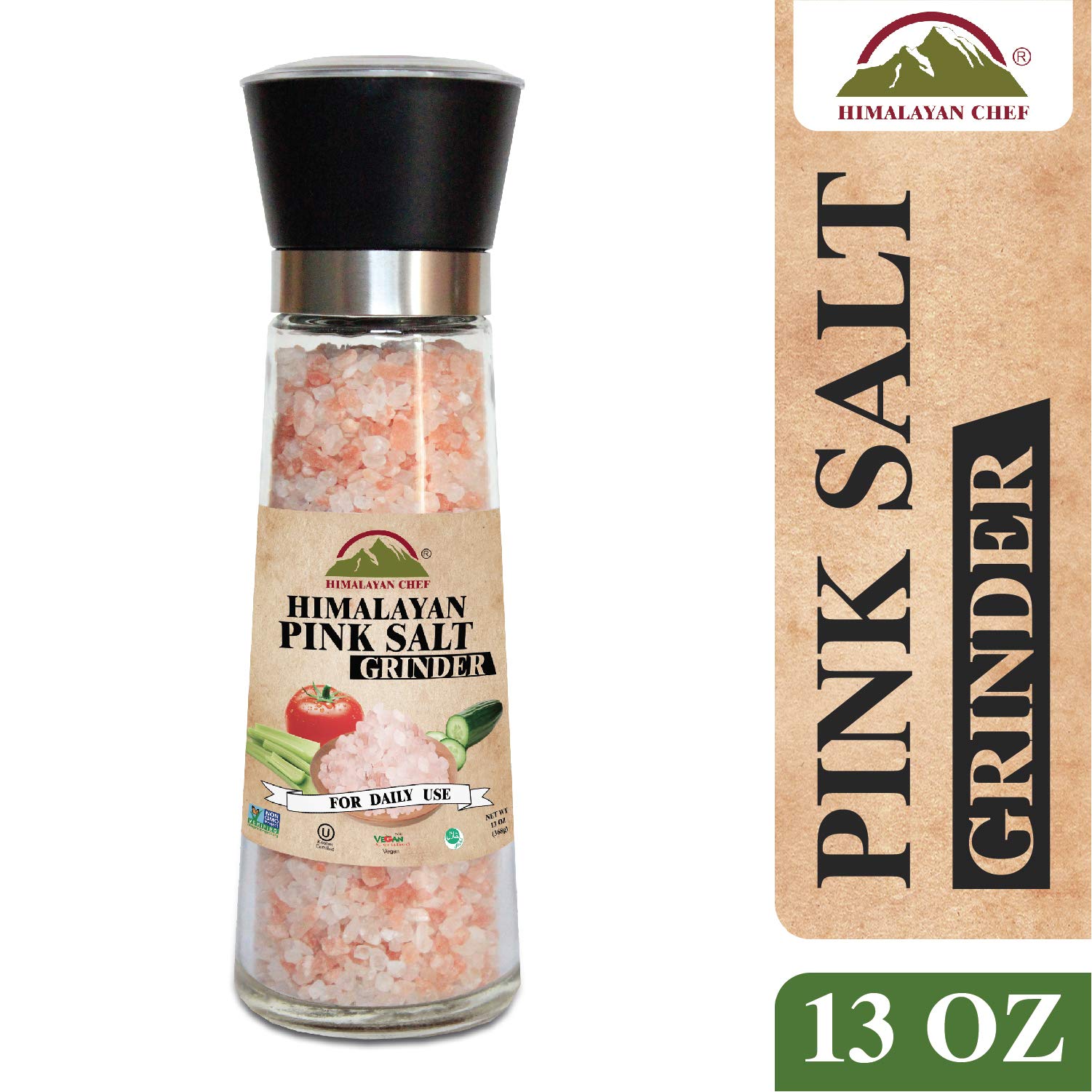Himalayan Chef Adjustable Natural Pink Salt Tall Grinder,Refillable