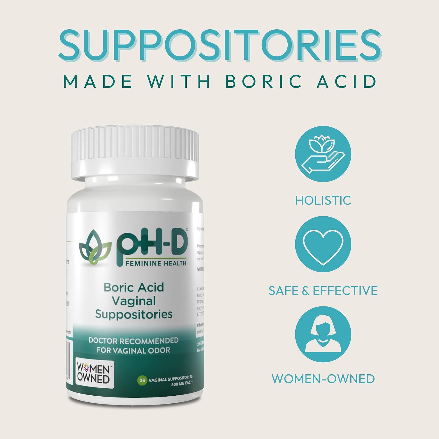 pH-D Feminine Health - 600 mg Boric Acid Suppositories - Woman Owned - for Vaginal Odor Use - 24 Count