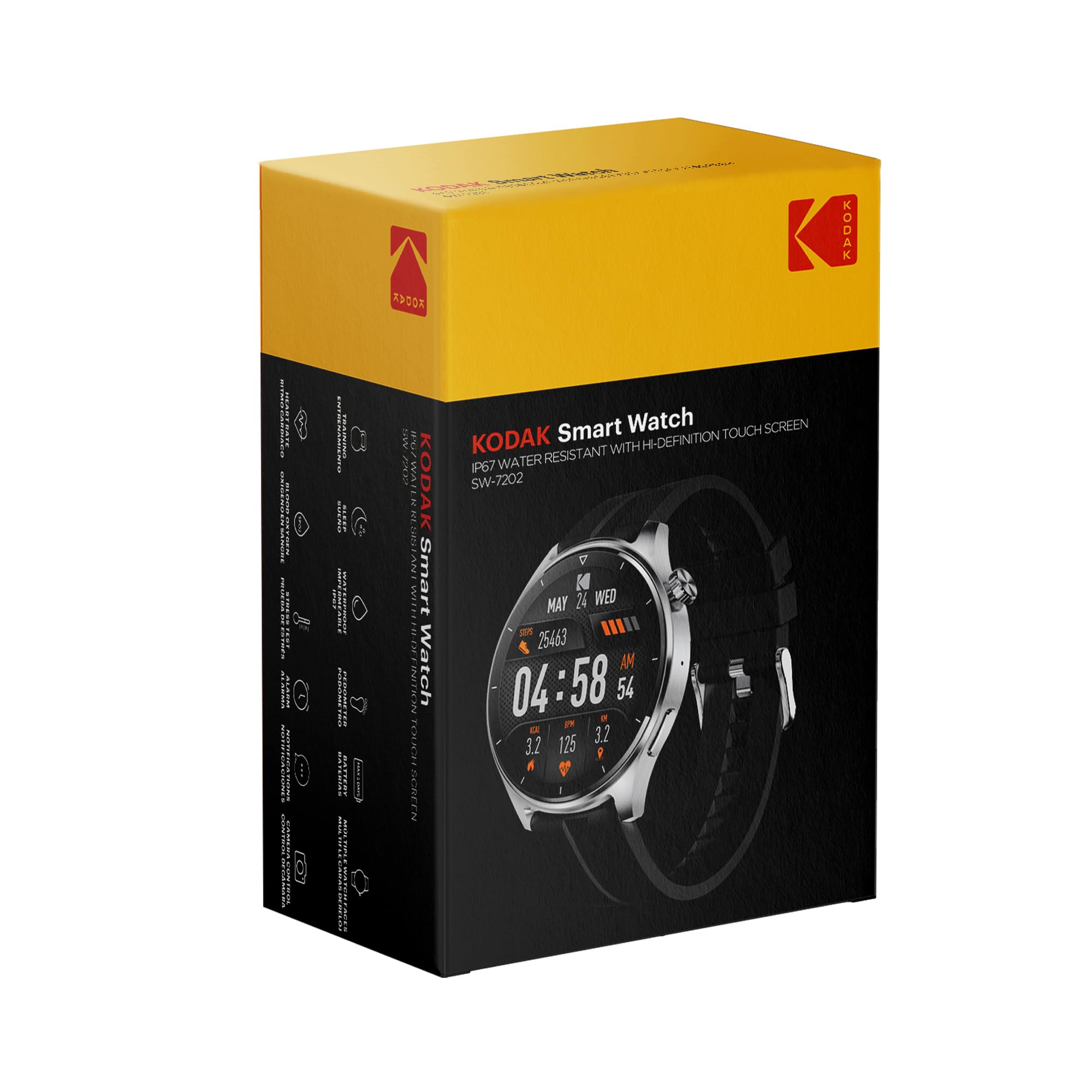 Kodak SW-7202 - Reloj Inteligente - Pantalla HD de 37 mm - Llamadas Bluetooth y Asistente de Voz - SpO2, frecuencia cardíaca, estrés, más de 100 Deportes, GPS - Duración de la batería 5 días - Carga