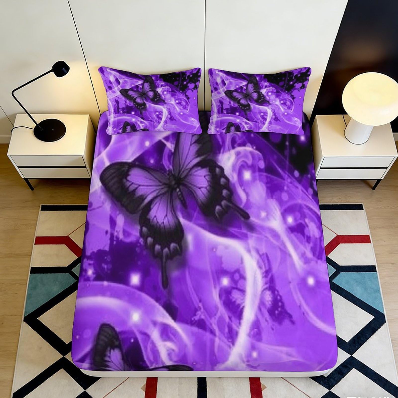 3D Printed Purple Butterfly Fitted Sheet Microfiber Deep Pocket Bedroom Bedding Purple Dream Mattress Fitted Cover Elastic Hem Washable For Home 200x200x25cm