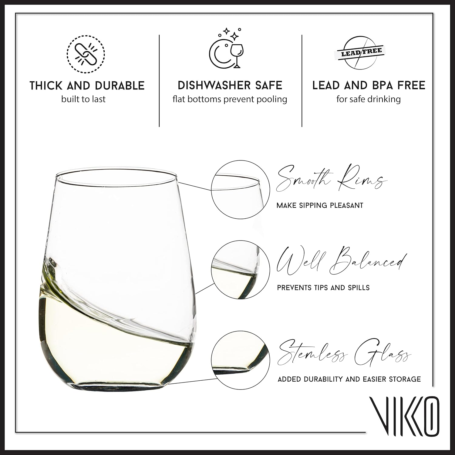 Vikko Stemless Wine Glass, 16 Ounce Wine Glasses Set of 4, White or Red Wine Glass, Classic and Elegant Wine Glasses