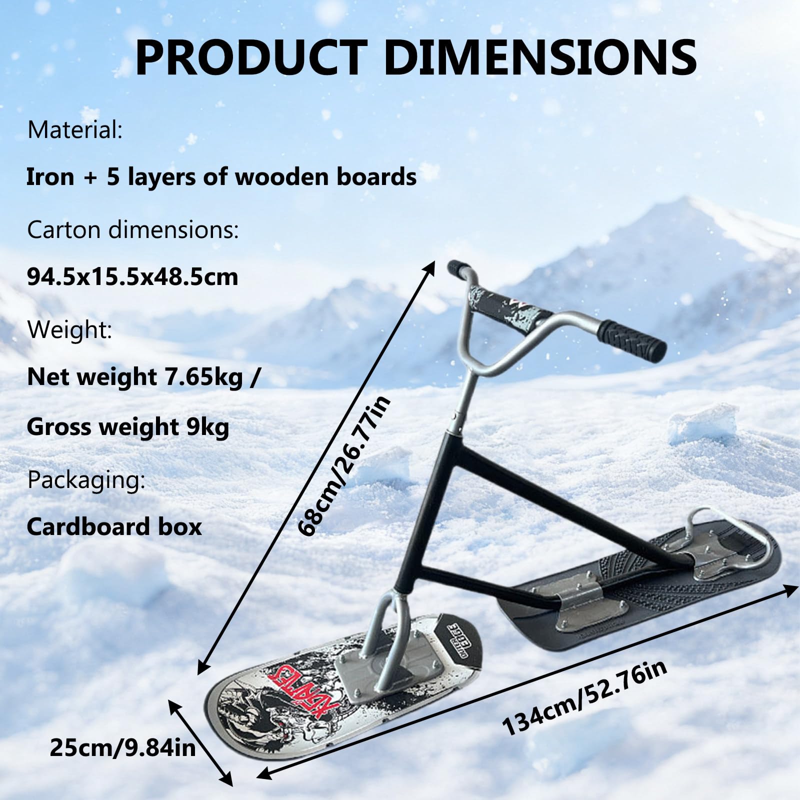 Scooter da Neve/Slitta da Snowboard Professionale, Adolescenti E Principianti Sci Rotanti A 360°, per Adulti con Sci Posteriori Rotanti E Anima in Legno A5 Black