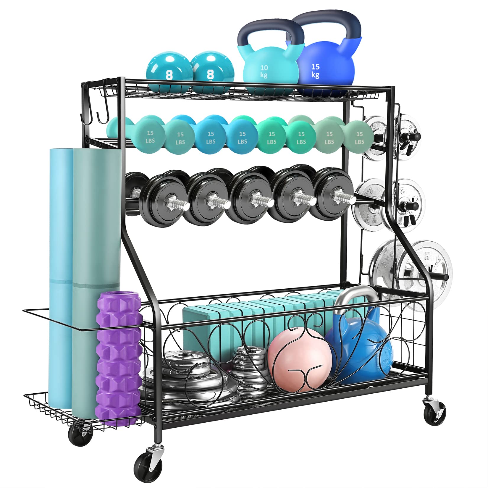 plohee Home Gym Storage Rack,Dumbbell Rack All in One Workout Storage with Wheels and Hooks